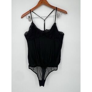 Free People Intimately sz SP Black Lace Trim Dot Mesh Teddy Bodysuit